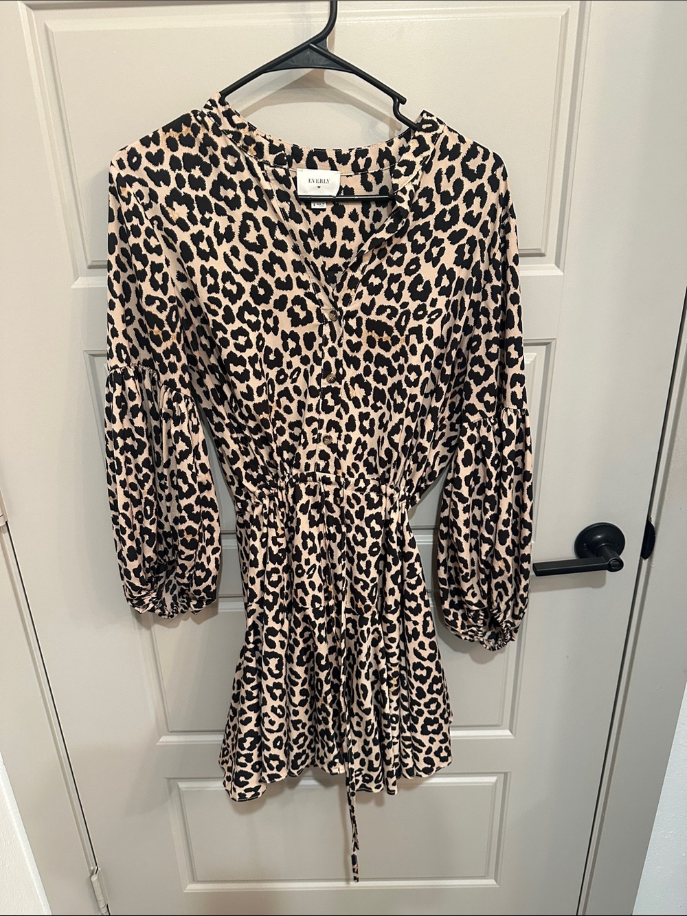 Everly Beige and Black Leopard-Print Smocked Waist Dress